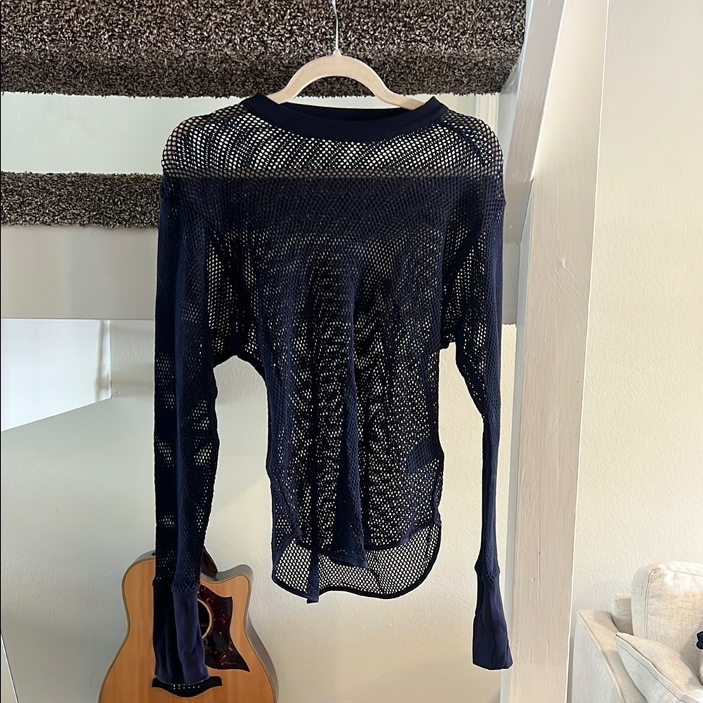 Navy Mesh Long Sleeve Top